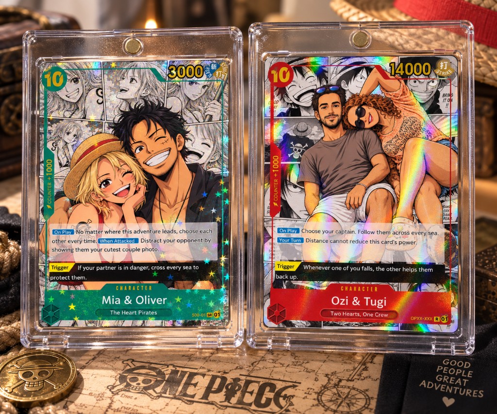 Custom One Piece-style couple cards in protective cases on a treasure-map display